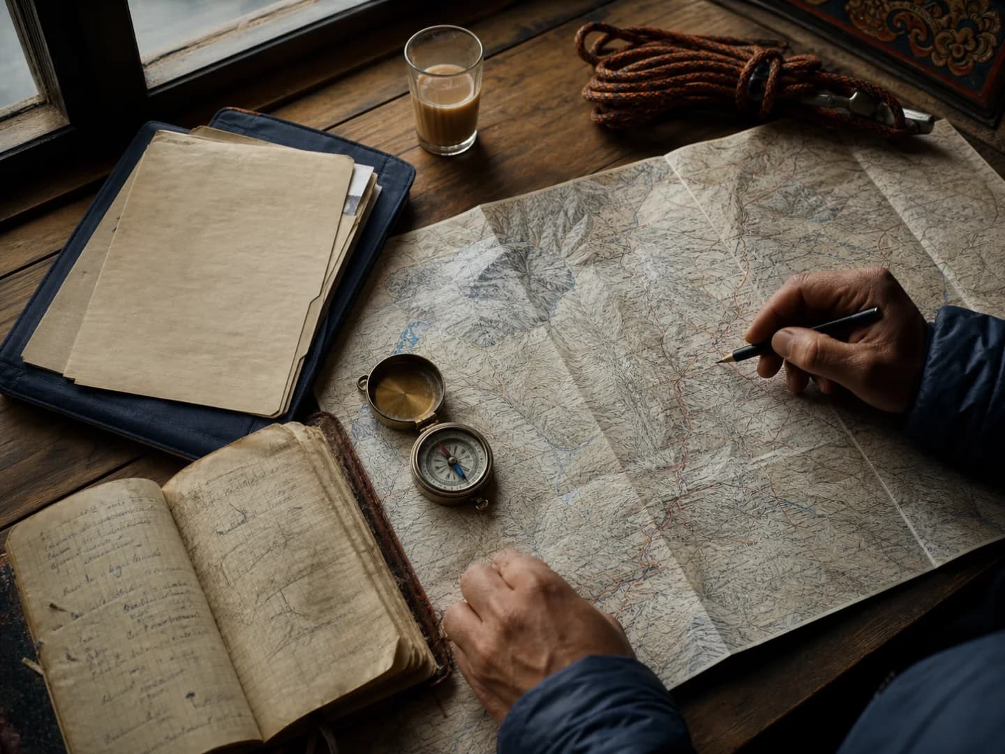 Hands planning a Himalayan route over a topographic map in Kathmandu